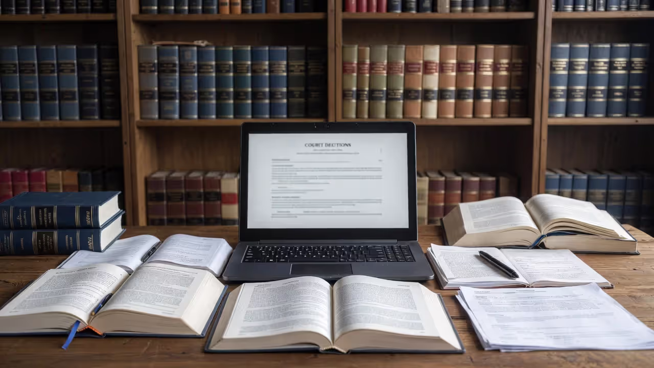 Legal books and printed court opinions on a lawyer’s desk illustrating case law research