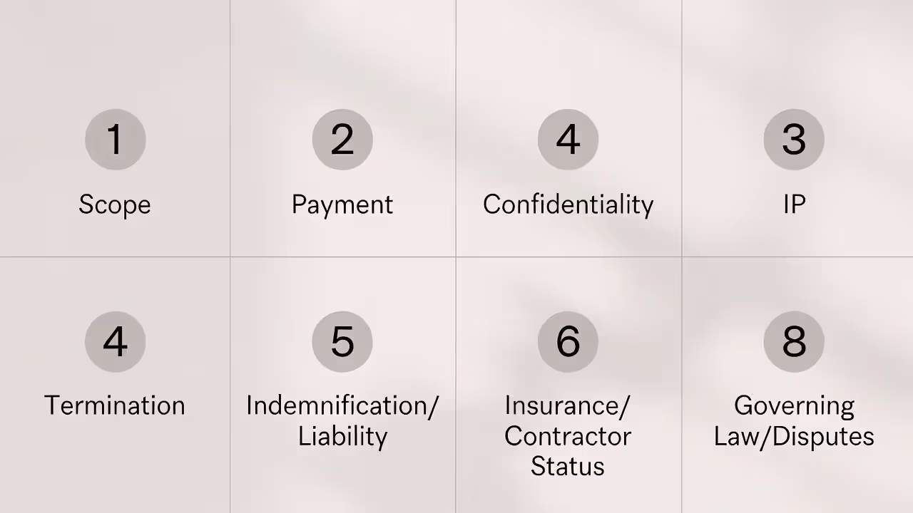 Infographic listing eight essential consulting contract clauses
