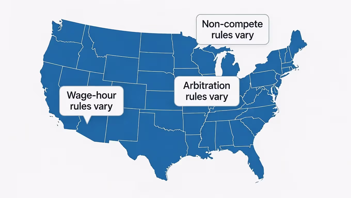 U.S. map noting that employment contract rules vary by state