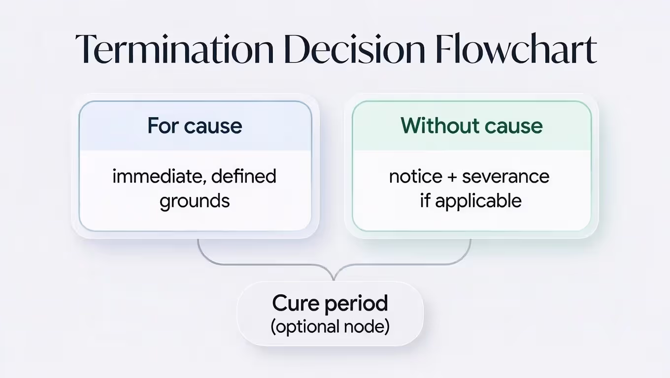 Flowchart distinguishing for-cause and without-cause termination paths