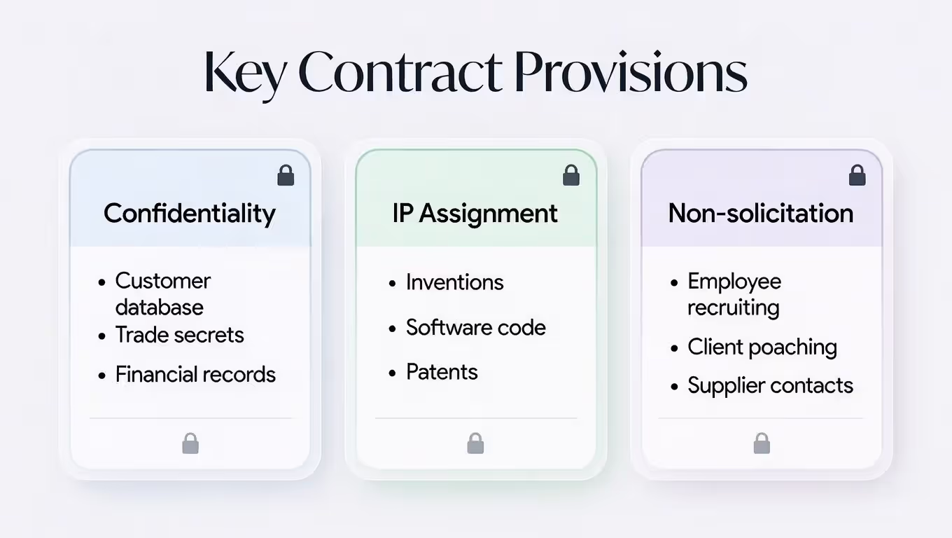 Three-panel graphic summarizing confidentiality, IP assignment, and non-solicitation clauses