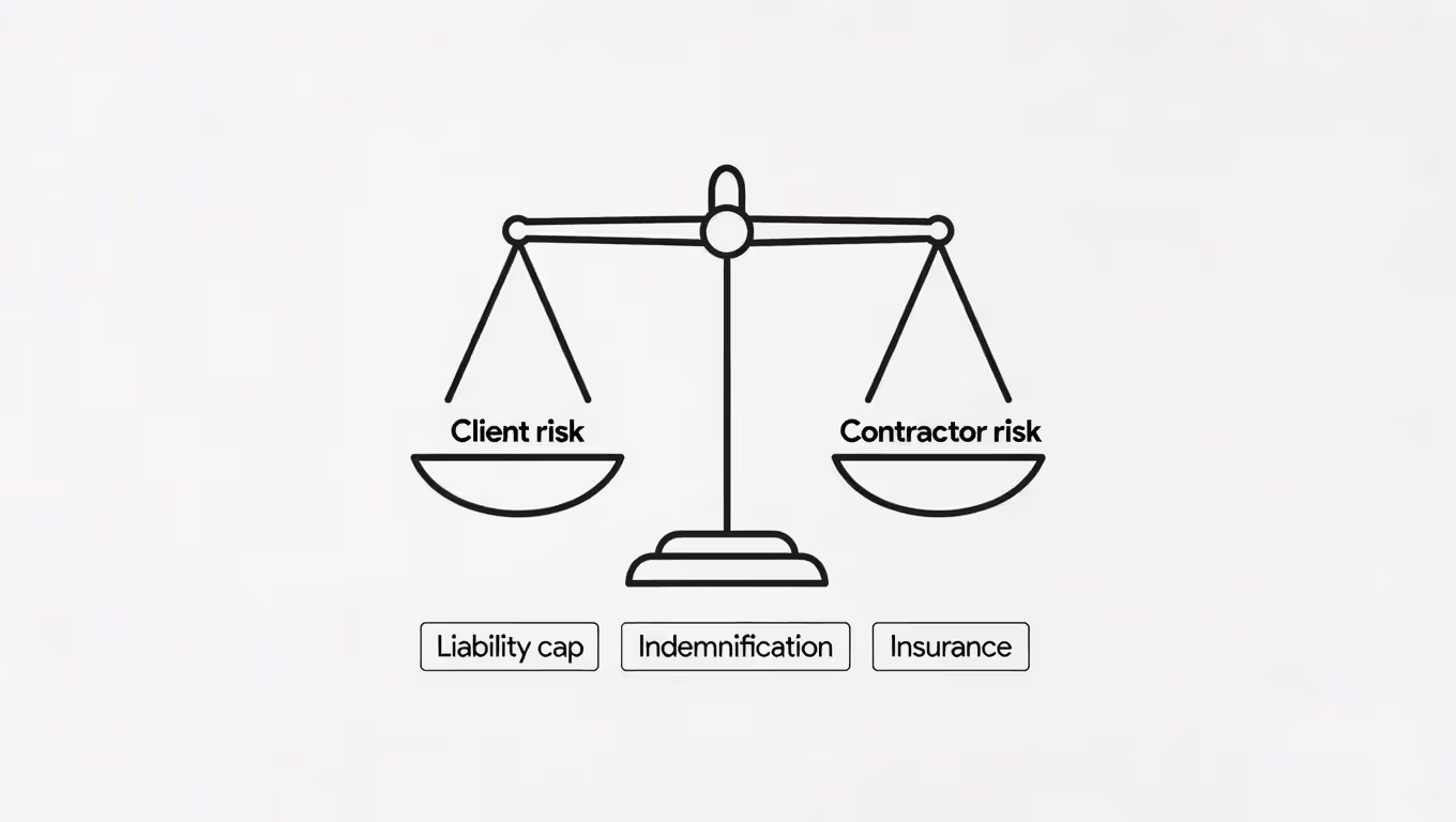 Scales graphic showing risk allocation via liability, indemnification, and insurance