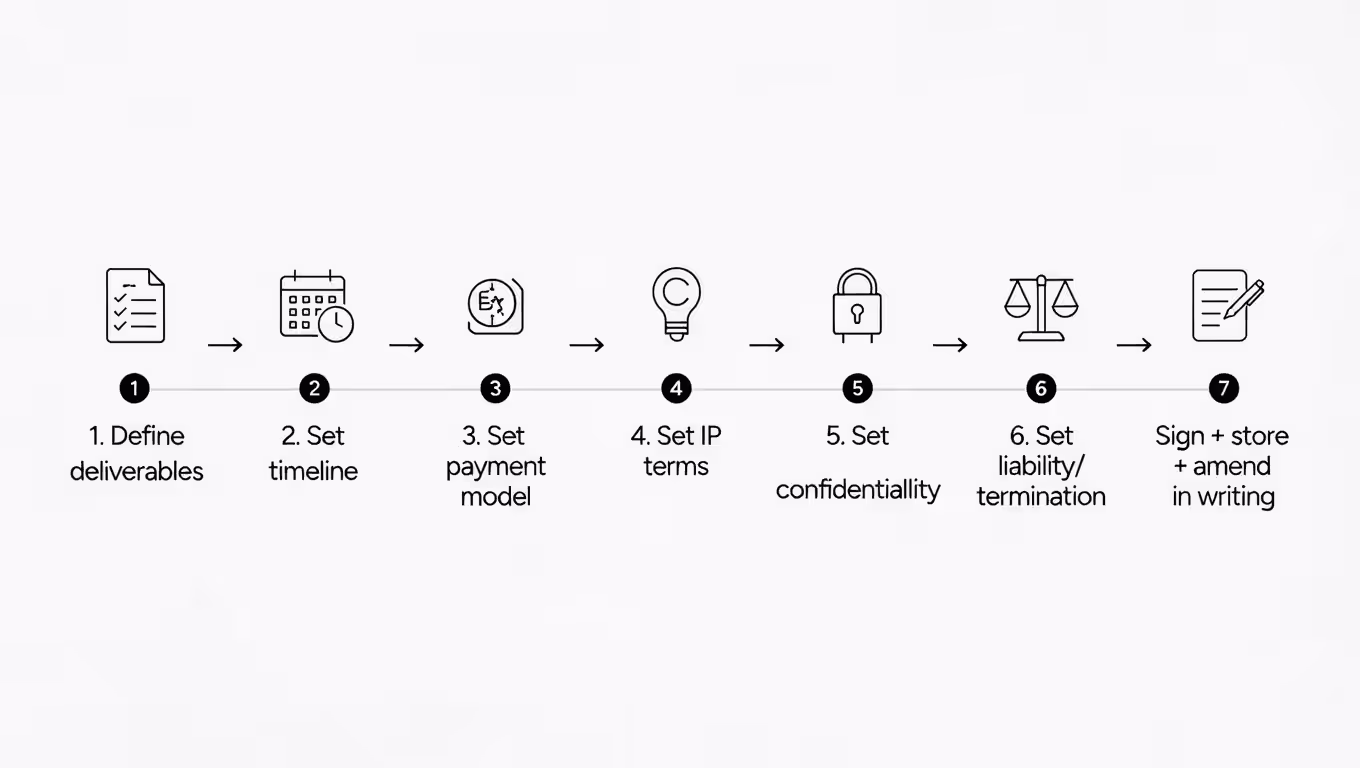 Numbered steps for drafting and customizing a contractor agreement