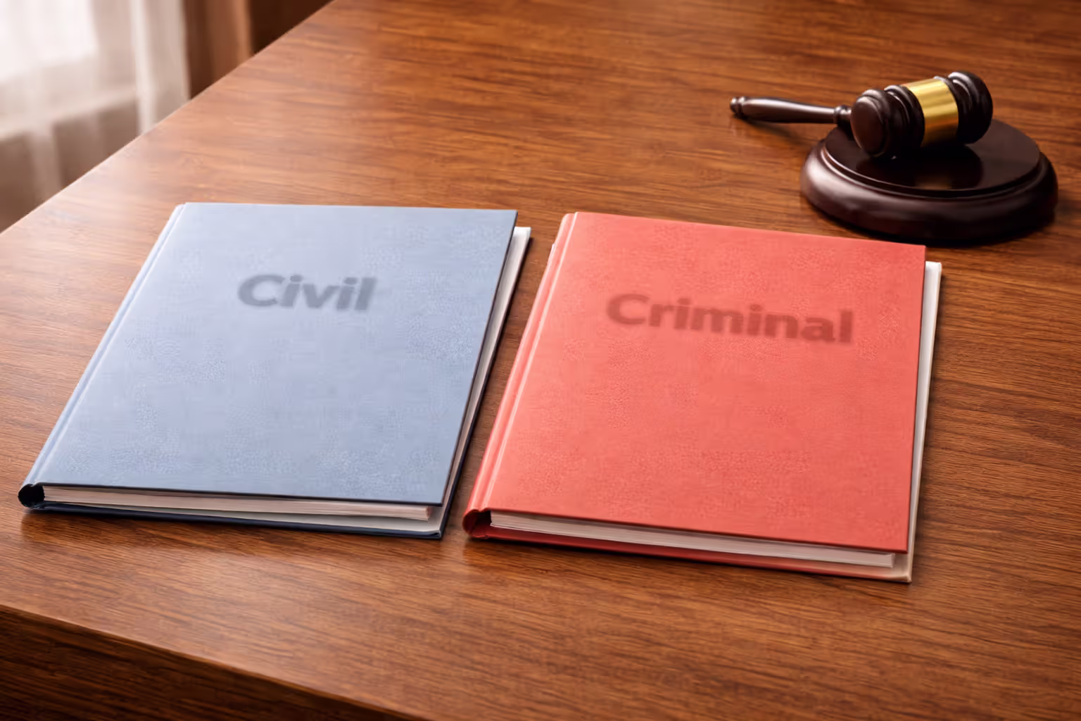 Civil and criminal legal files with judge’s gavel on desk