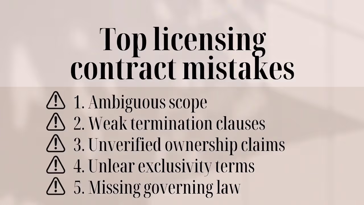 Infographic listing five common licensing contract mistakes