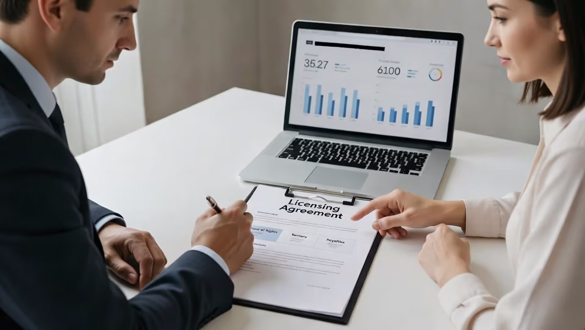 Two people signing a licensing agreement with sections for rights, territory, and royalties visible