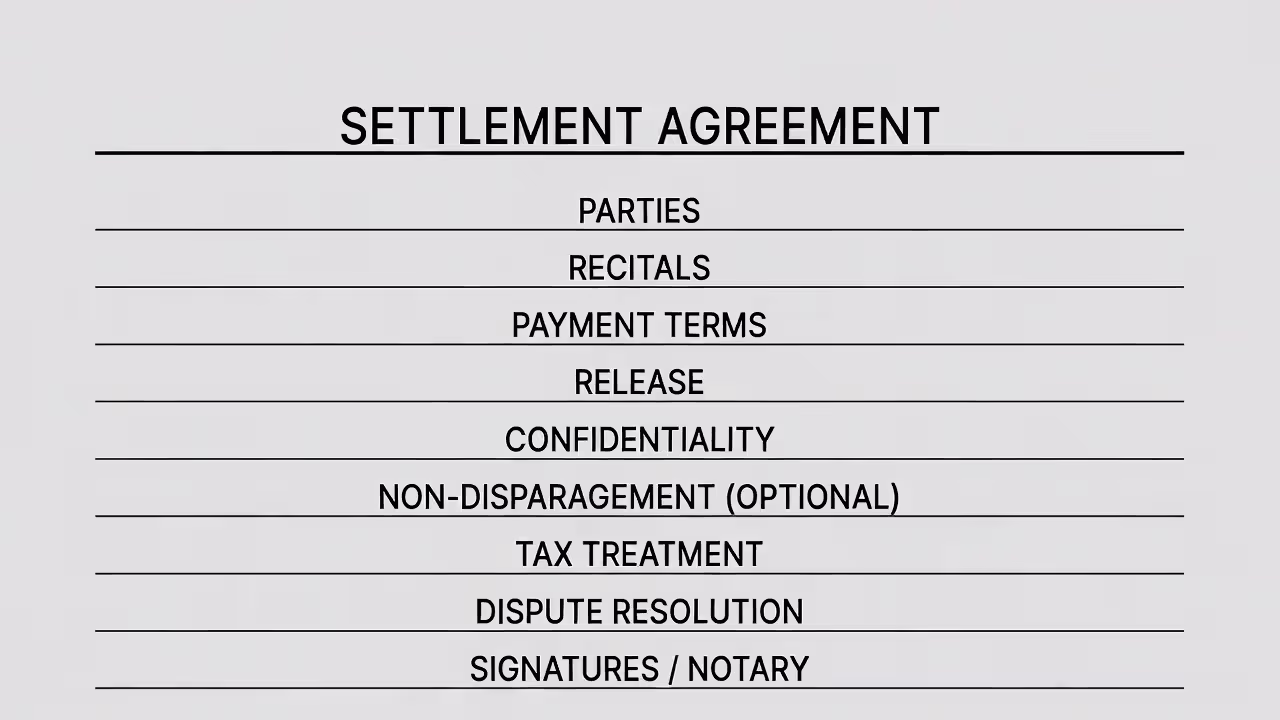 Outline showing the main sections of a settlement agreement
