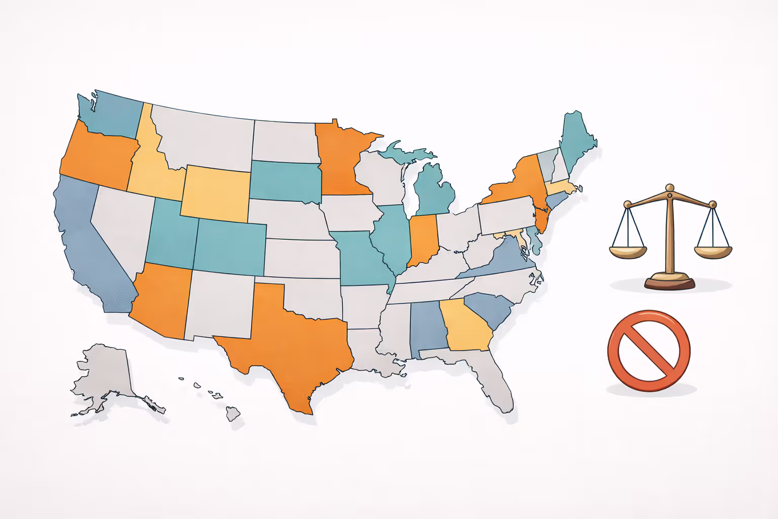 United States map illustrating varying non-compete enforceability by state
