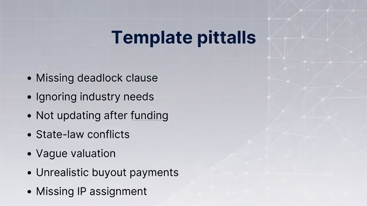 Infographic listing common mistakes when customizing a shareholder agreement template