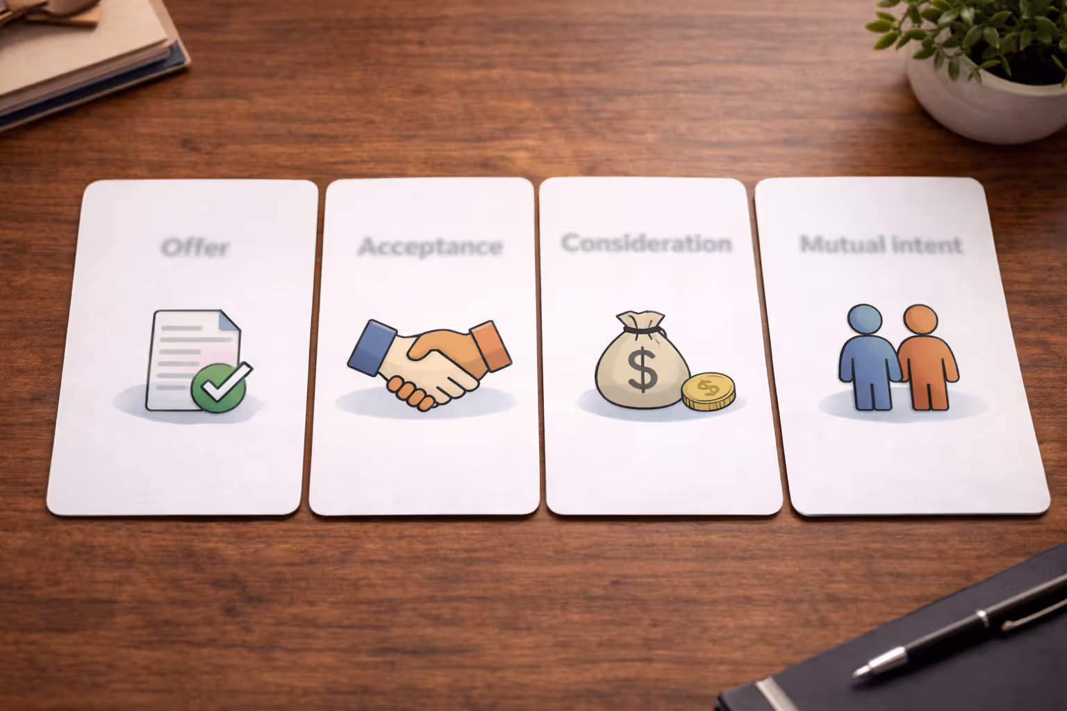 Four legal elements required for a binding partnership agreement represented with icons