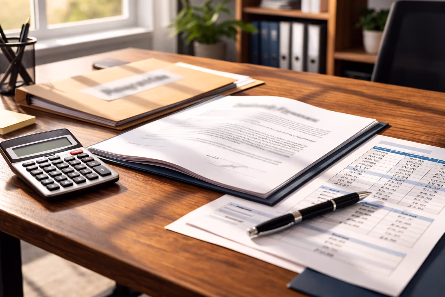 Draft partnership agreement document with financial calculations on desk