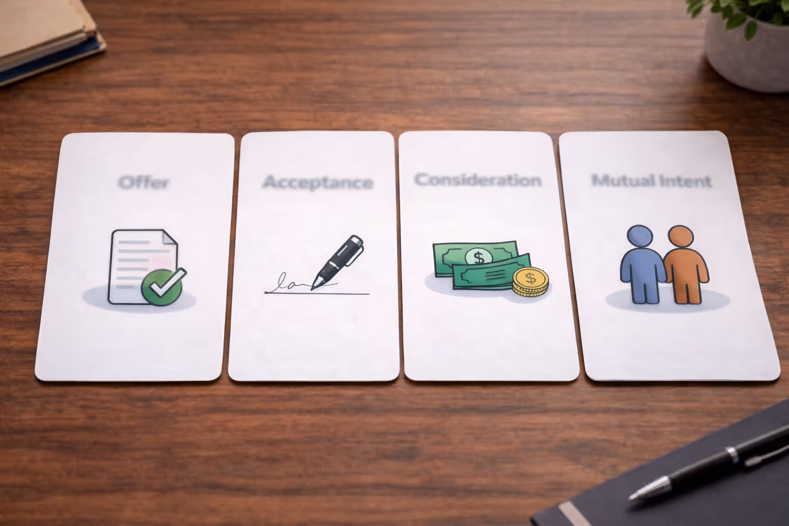 Four legal elements of a binding service agreement represented with icons